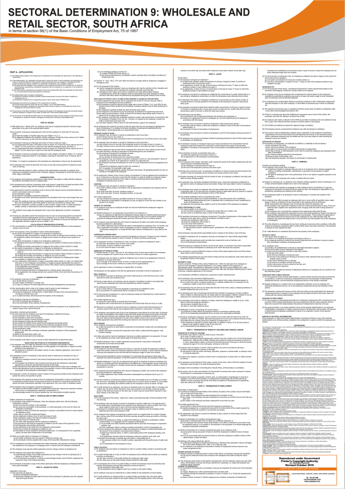 A close-up of the Sectoral Determination SD9 Poster as a stand-alone, laminated print, highlighting its clear and durable finish in the Poster Only format.