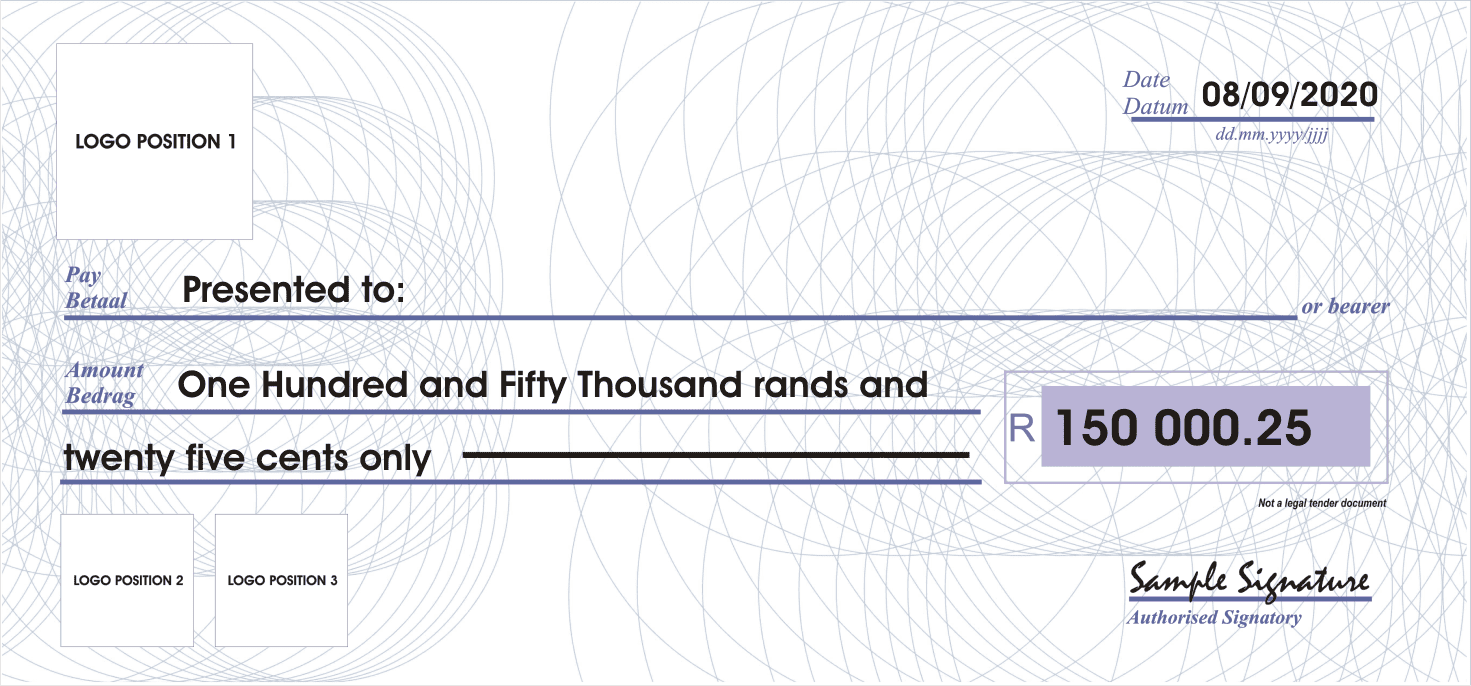 A customizable Novelty Cheque design template from Lazer Art & Frame, showing a blank cheque with fields for logo, amount, and recipient, highlighting its professional layout and customizability.