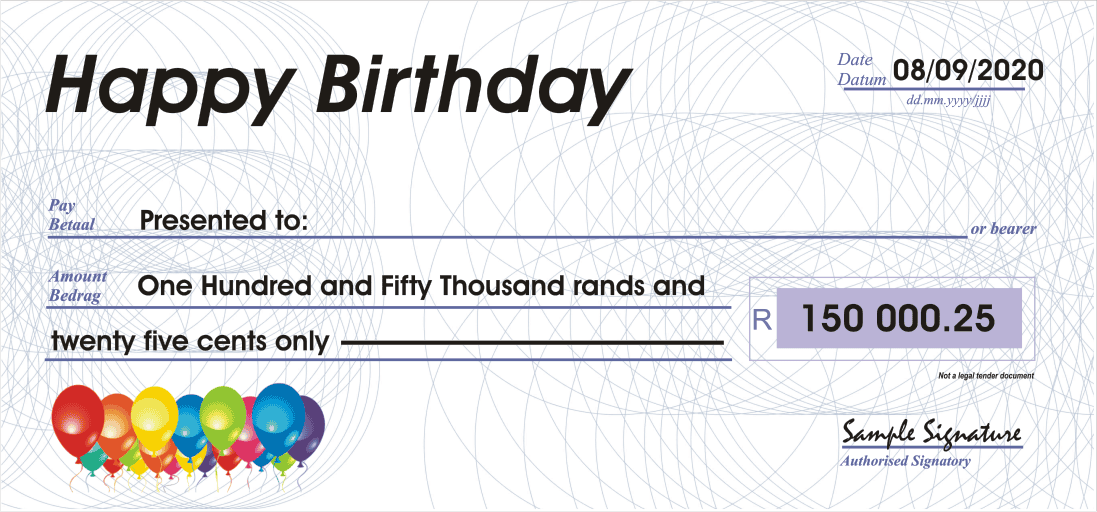 A "Happy Birthday" Novelty Cheque with a colorful balloon design, showing a customizable amount, highlighting its use as a fun and personalized Presentation Cheque.