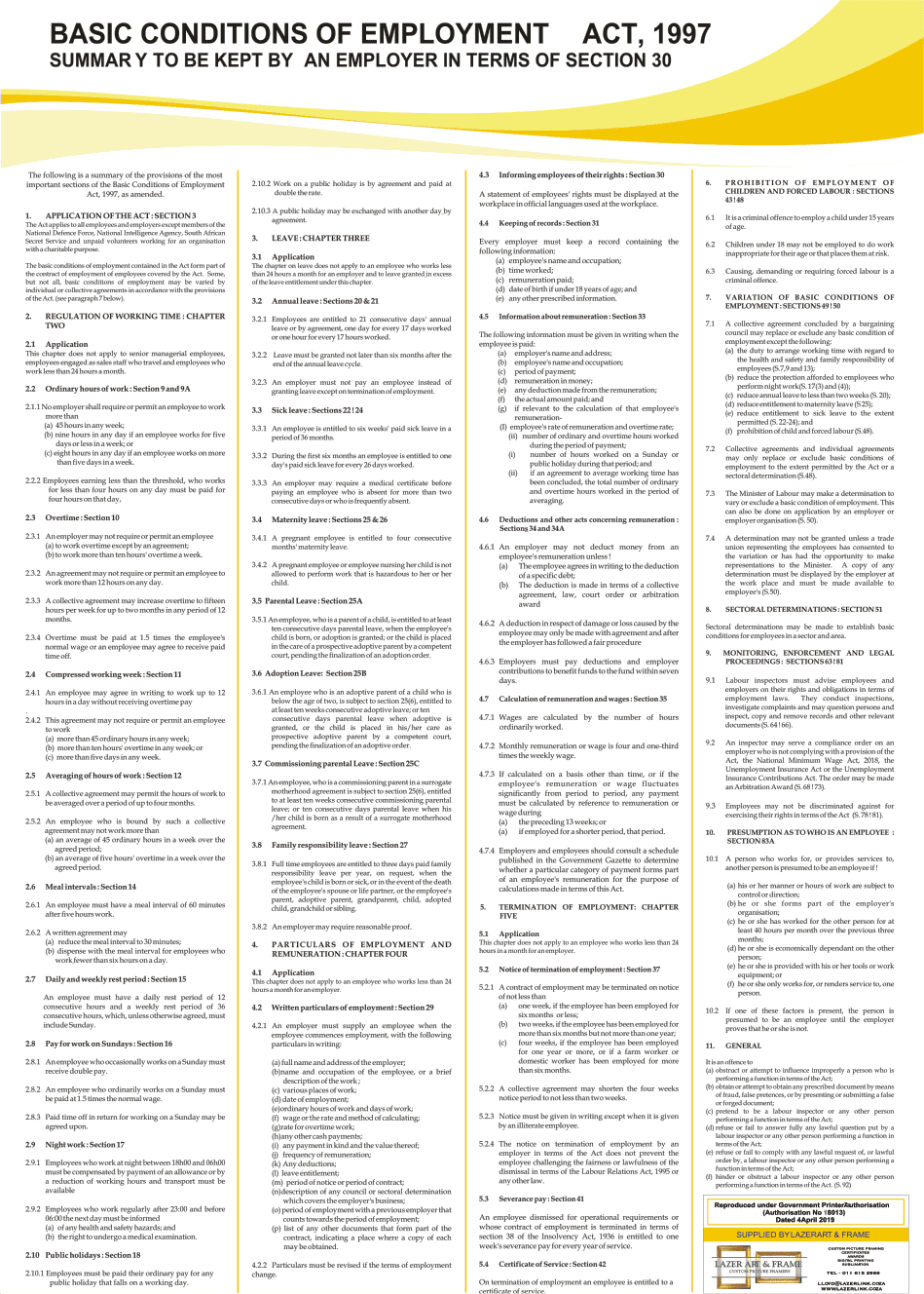 A close-up of the Basic Conditions of Employment Act Poster as a stand-alone, laminated print, highlighting its clear and durable finish in the Poster Only format.