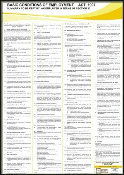 The BCEA Labour Law Poster presented as a professional Block Mounted display, showing the sleek black edging and rigid backing for a durable and modern look.