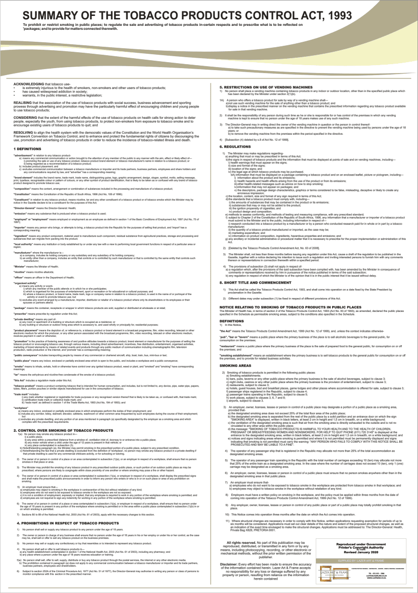 A close-up of the Tobacco Act Labour Law Chart as a stand-alone, laminated print, highlighting its clear and durable finish in the Poster Only format.
