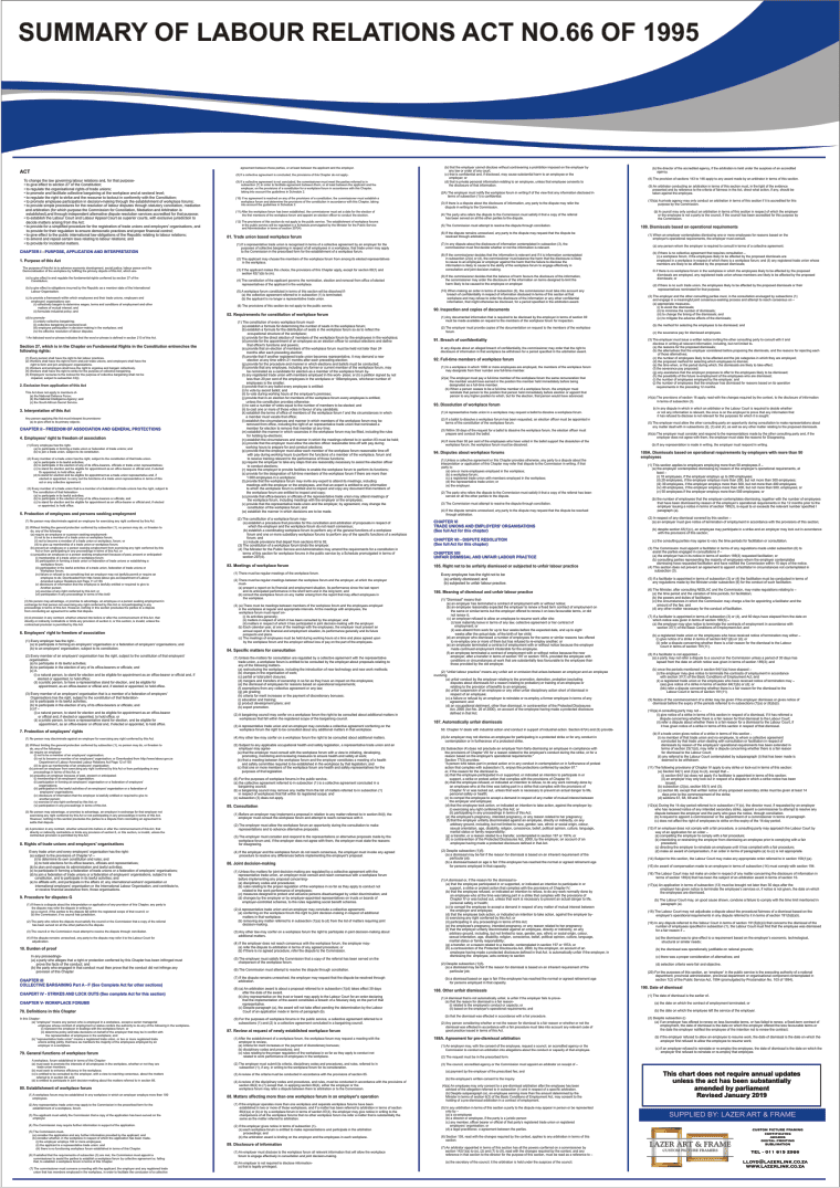 A close-up of the Labour Relations Act Poster as a stand-alone, laminated print, highlighting its clear and durable finish in the Poster Only format.