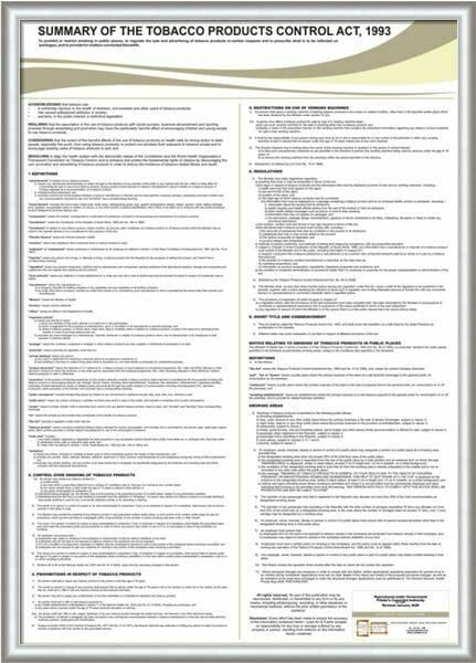 The Tobacco Act Labour Law Chart showcased in a modern A1 Aluminium Clippa Frame, highlighting the easy-to-use snap frame for quick display.