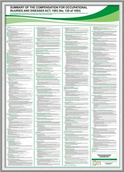 The COID Act Labour Law Chart showcased in a modern A1 Aluminium Clippa Frame, highlighting the easy-to-use snap frame for quick display.