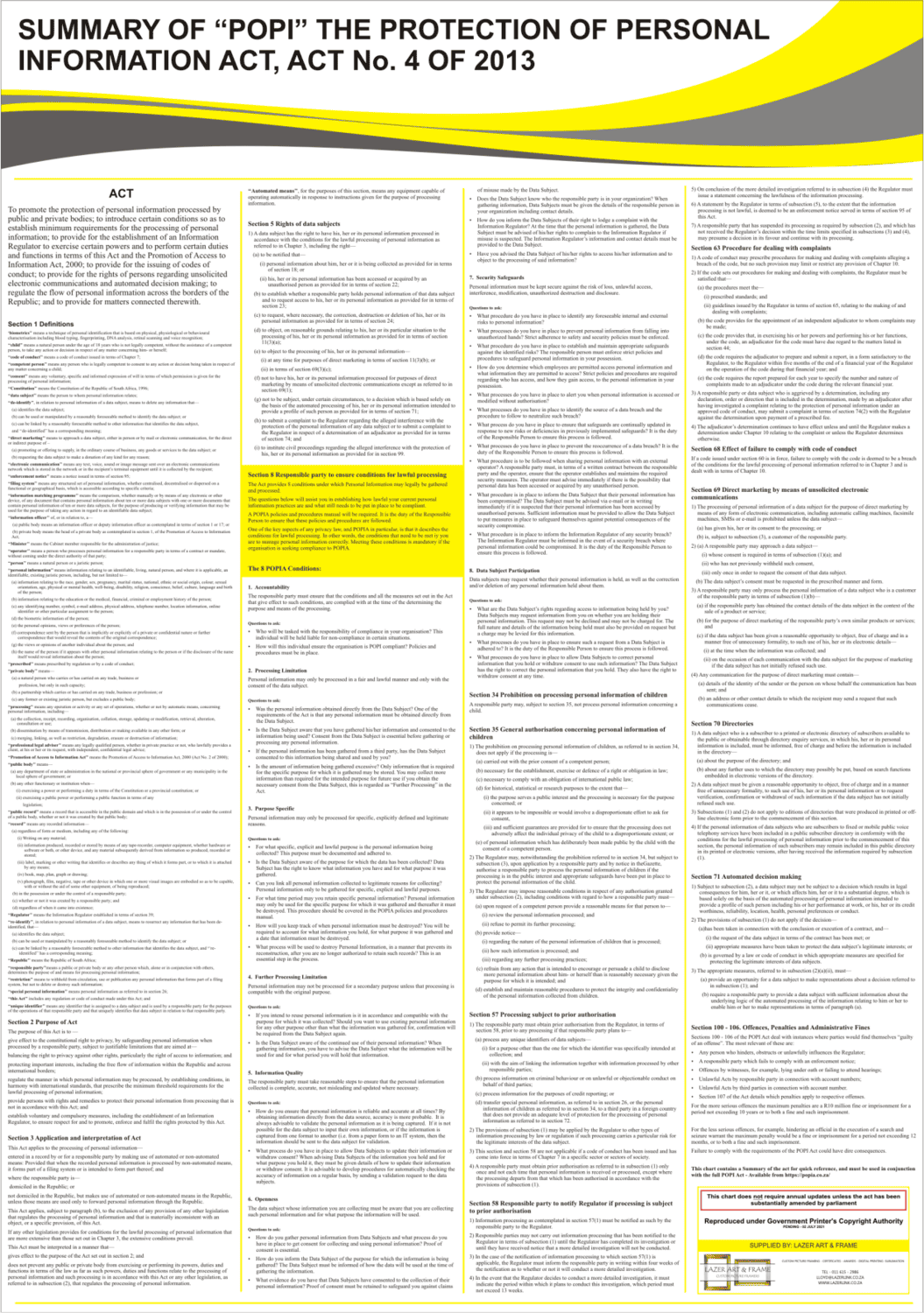A close-up of the POPI Act Labour Law Chart as a stand-alone, laminated print, highlighting its clear and durable finish in the Poster Only format.