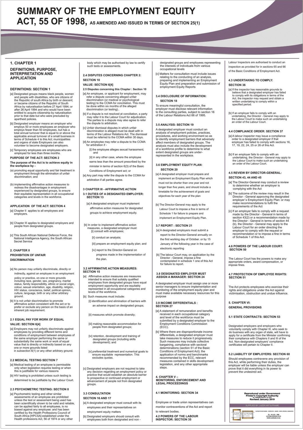 A close-up of the Employment Equity Act Poster as a stand-alone, laminated print, highlighting its clear and durable finish in the Poster Only format.
