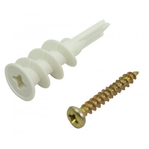 A set of one dry wall plug and one mounting screw, showing the hardware for a dry wall mounting screws set for frames and artworks.