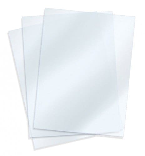 A stack of 0.5mm UHI non-reflective plastic overlays, a generic replacement for aluminum snap frames, shown on a white background.