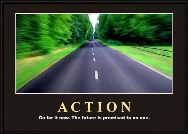 A "Action" motivational poster presented as a Block Mounted artwork, featuring a straight road through a forest to inspire progress.
