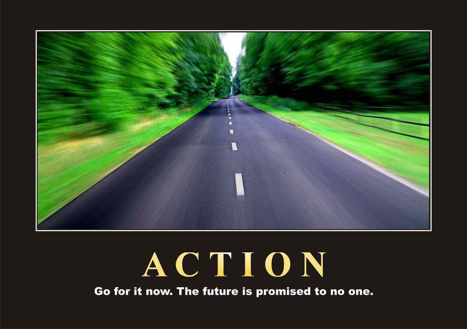A "Action" motivational poster as a Poster Only print, featuring a straight road through a forest to inspire progress.