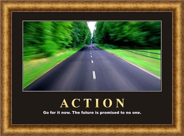 A "Action" motivational poster in an elegant Gold Frame, featuring a straight road through a forest to inspire progress.