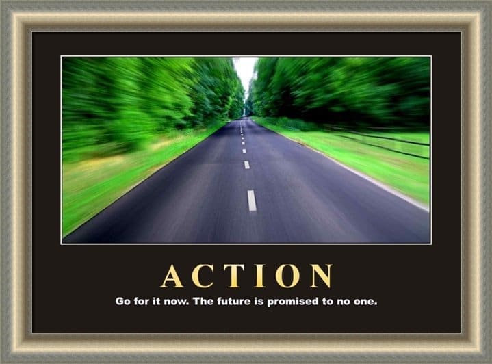 A "Action" motivational poster displayed in a stylish Silver Frame, featuring a straight road through a forest to inspire progress.
