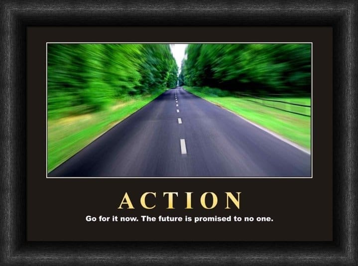 A "Action" motivational poster displayed in a sleek Black Frame, featuring a straight road through a forest to inspire progress.