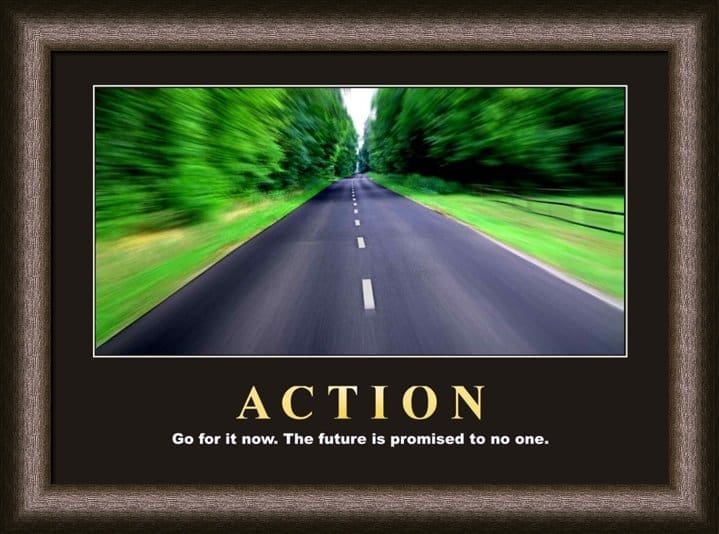 A "Action" motivational poster displayed in a classic Brown Frame, featuring a straight road through a forest to inspire progress.