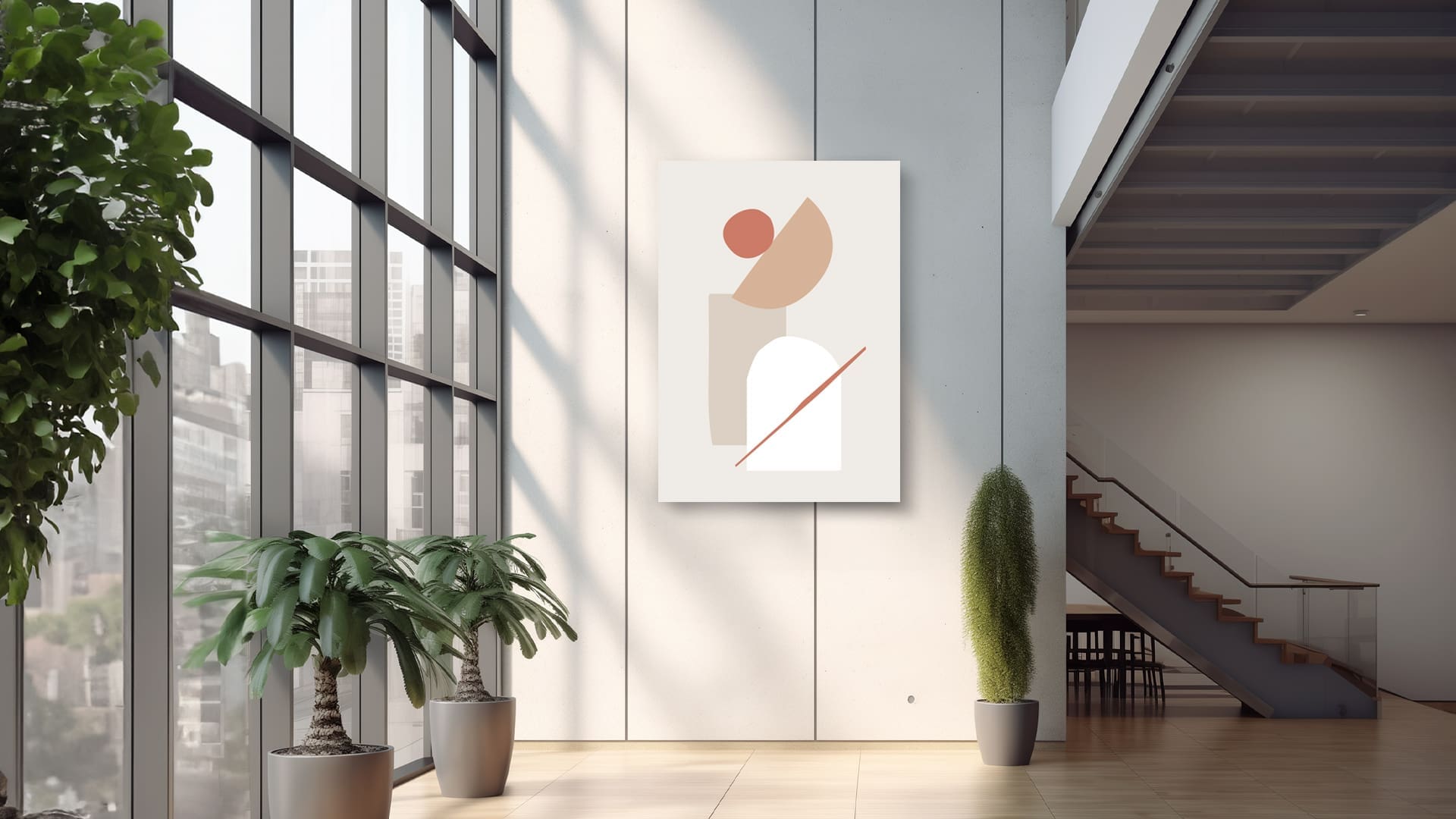 A large abstract Canvas Print with geometric shapes displayed in a modern office lobby, demonstrating professional Canvas Printing for corporate interiors.