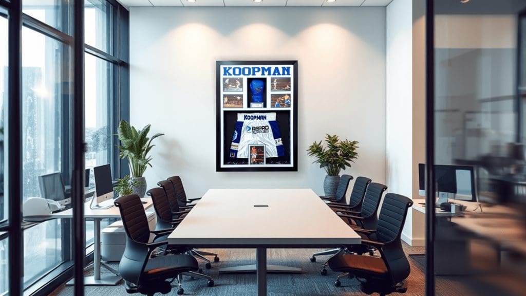 A framed sports jersey and memorabilia in a Custom Box Frame from Lazer Art & Frame, displayed on a wall in a modern office meeting room.