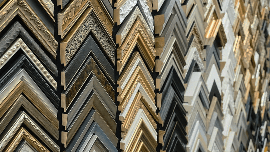 A wall covered in a variety of frame corner samples, showing the extensive selection of options available for your Custom Picture Framing needs.