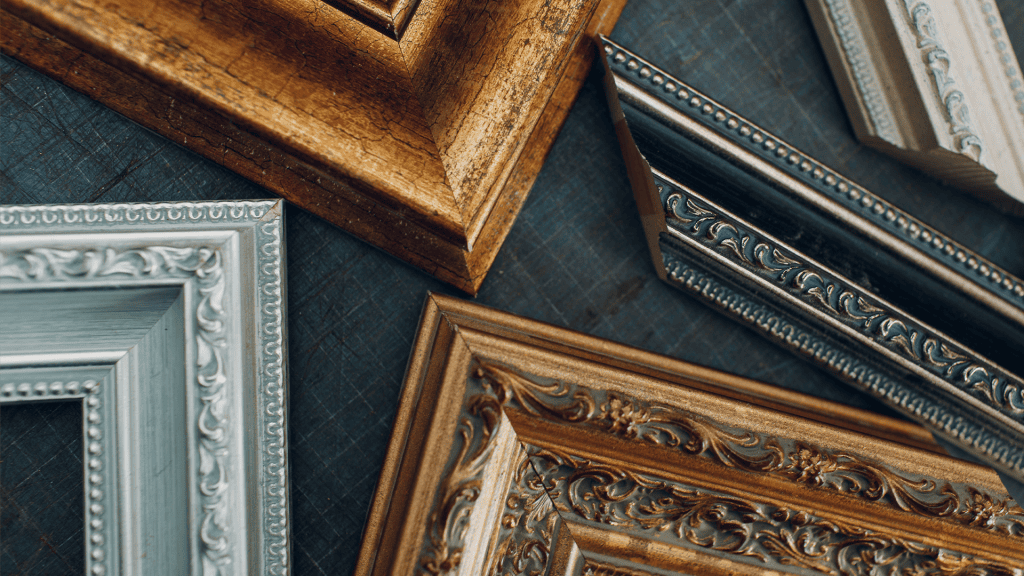 A collection of different frame corners, including both Hardwood and Aluminium Frame Mouldings, laid out to show the range of available styles and finishes.