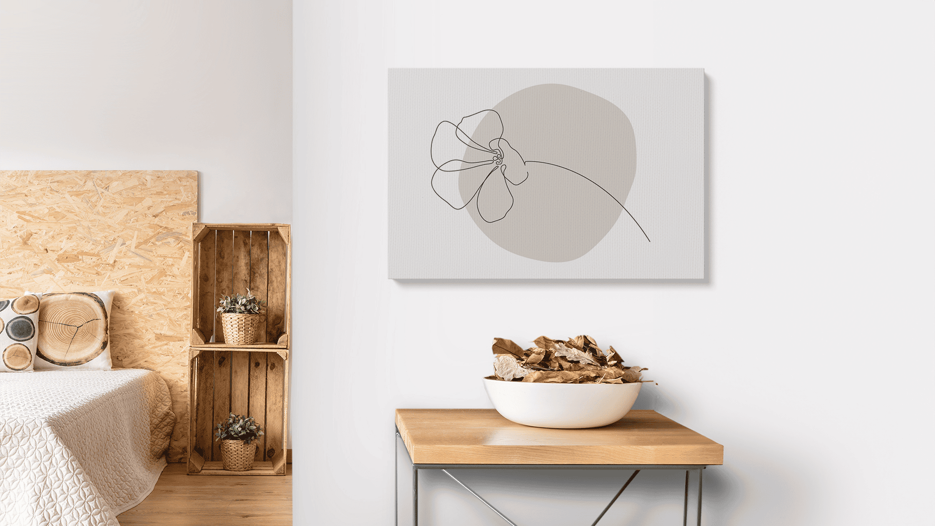 Minimal Floral Line Art Canvas Print displayed in a modern bedroom setting