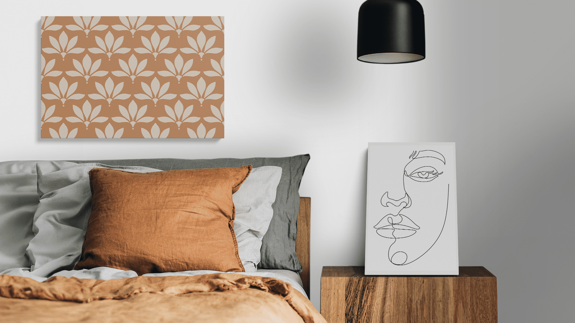 Floral Pattern & Portrait Line Canvas Print Set displayed above a cosy bedroom interior