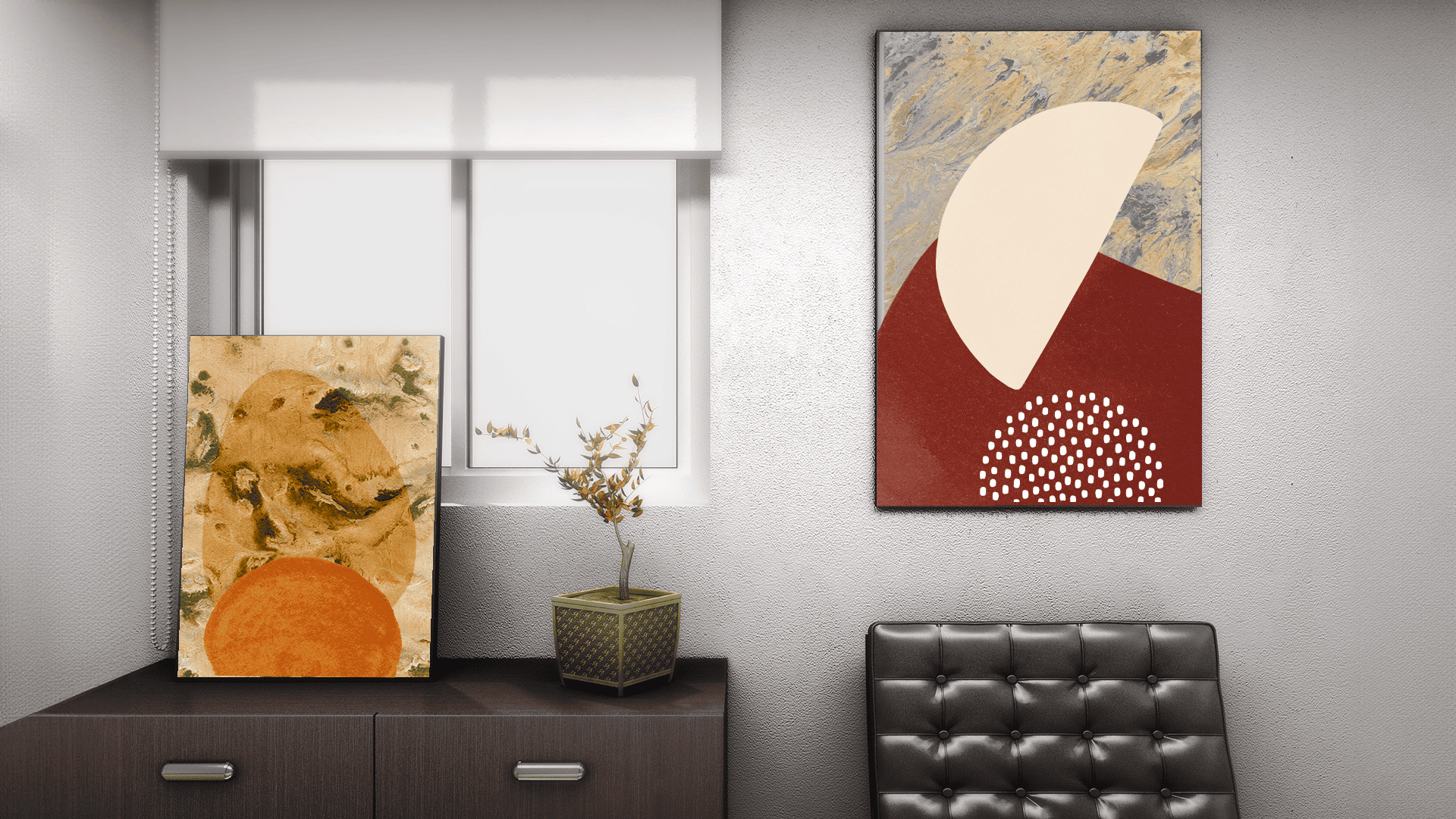 Abstract Duo III Canvas Print Set displayed in a modern office with leather chair and wall décor