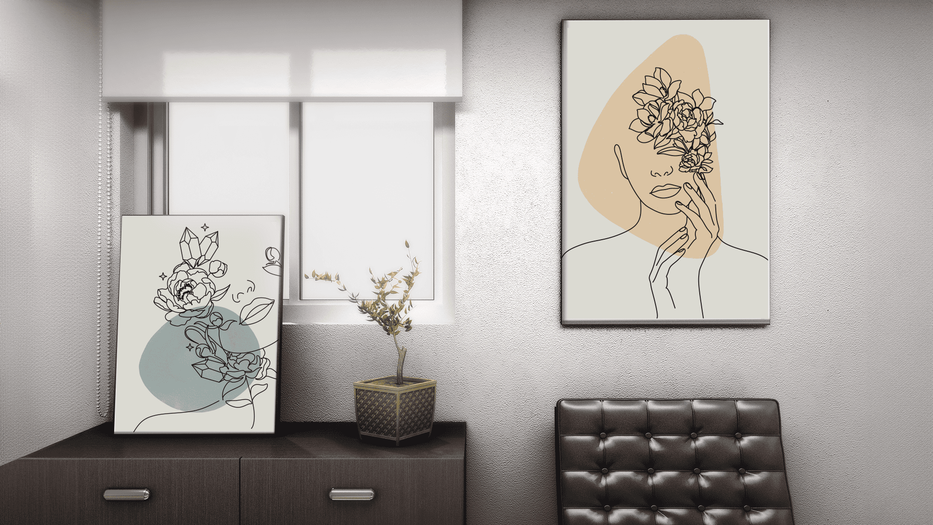 Minimal Portrait Line Art Duo II Canvas Print Set displayed in an office space with modern décor